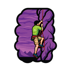 Naklejka premium A rock climber, wearing a vibrant green shirt and beige pants, ascends a challenging rock face. Focus on dynamic action and the climber's determined expression.