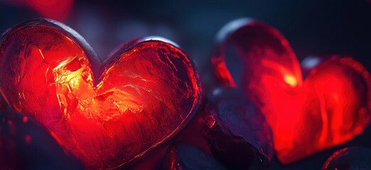 Glowing red hearts on dark background creating romantic atmosphere, copy space for text