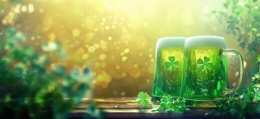 Green beer with shamrock decorations celebrating St. Patrick's Day festivities, copy space for text