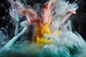abstract explosion of colorful powder against black background, frozen moment, high-speed photography
