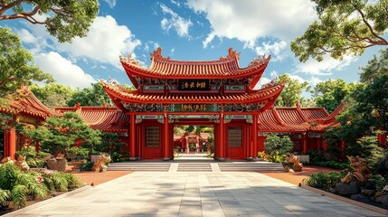 Obraz premium Majestic Red Chinese Temple Gate: A Journey Through Ancient Architecture and Serene Gardens