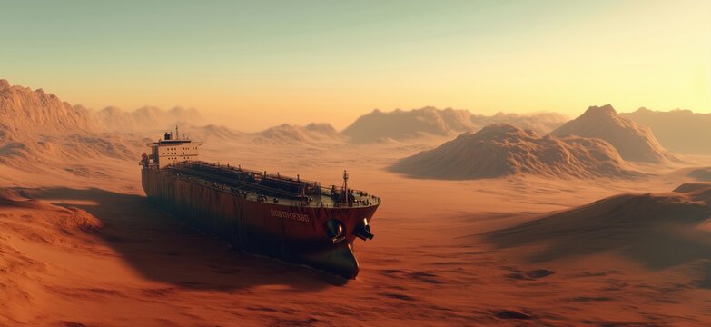 Abandoned cargo ship stranded in desert landscape at sunset, copy space for text