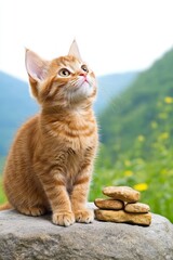 Obraz premium Curious Ginger Kitten Explores Nature, Sitting on a Rock with Treats and Gazing Upward