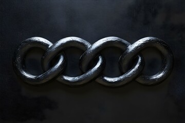 A series of interlinked, shiny black metal chains arranged in a horizontal line on a dark background. Concept Metal Chains Arrangement, Shiny Black Aesthetics, Dark Background Contrast