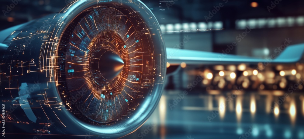 Poster futuristic jet engine close-up with digital interface and glowing elements, copy space for text