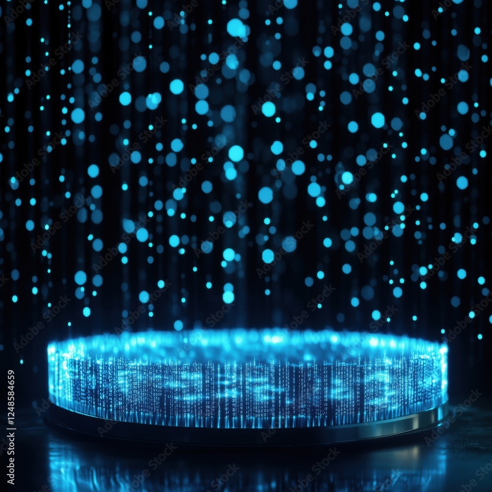 Poster futuristic digital platform with glowing blue binary rain and shimmering lights, copy space for text