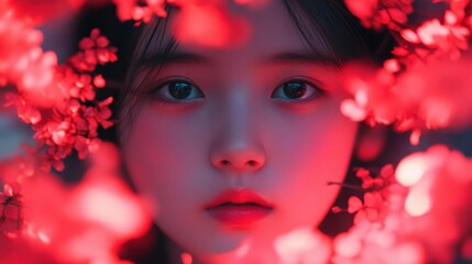 portrait of a woman framed by red flowers