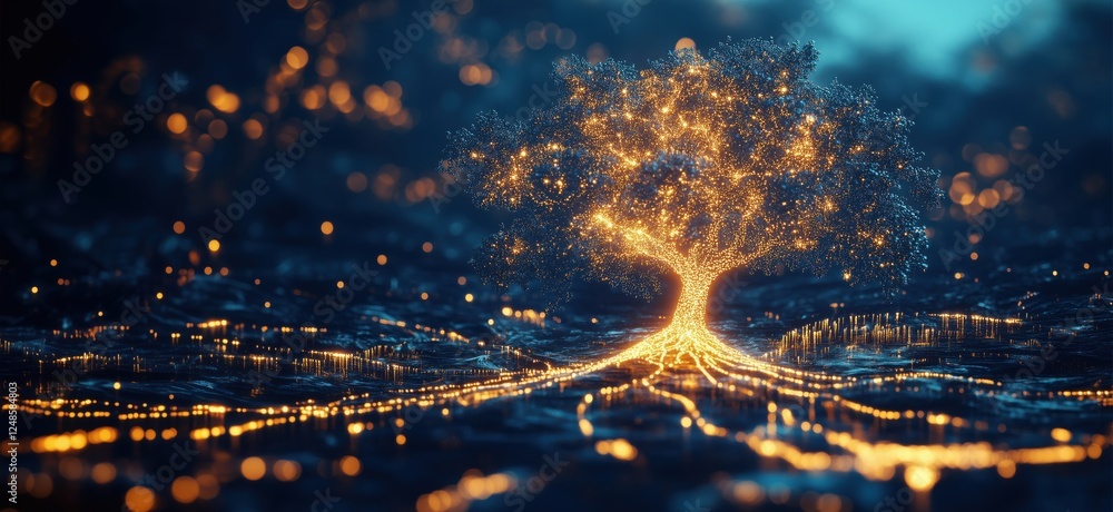 Poster glowing tree of life with luminous roots and vibrant background scenery, copy space for text