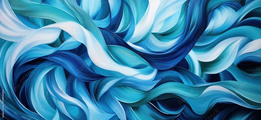 Poster abstract blue and turquoise wave patterns in flowing brushstroke style, copy space for text
