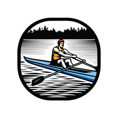 A muscular rower, wearing a vibrant yellow tank top and black shorts, powerfully pulls on the oars in a single scull.  The sun glints off the water.