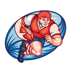 A dynamic action shot of a rugby player, clad in a maroon and white jersey, powerfully running with the ball during a match.