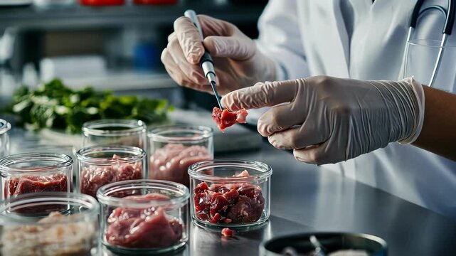 Food science and laboratory research with microscopes, test tubes and organic ingredients.