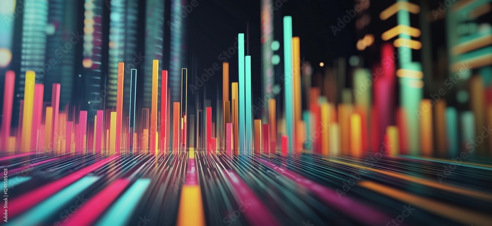 Poster colorful abstract data visualization with vibrant bars and glowing lines, copy space for text