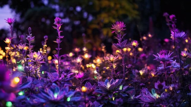 A beautiful garden filled with blooming flowers aglow with numerous colorful lights invites visitors to enjoy a magical evening walk surrounded by nature's charm