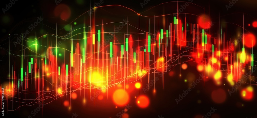 Poster colorful abstract financial chart with glowing candlesticks and dynamic lines, copy space for text