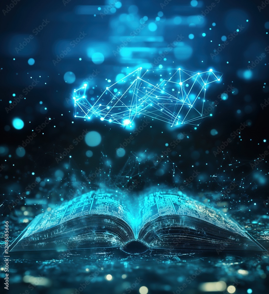 Poster digital book with glowing data connections and abstract technology background, copy space for text