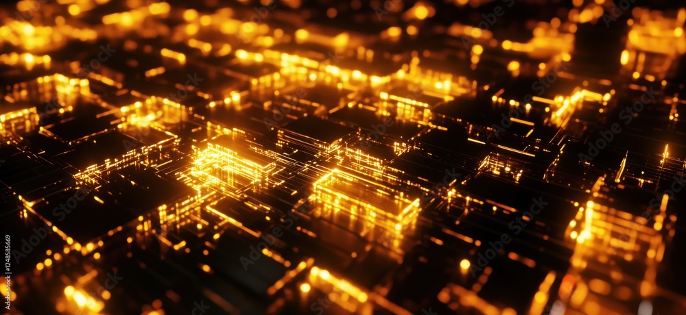 Poster abstract glowing circuitry design with golden lights and intricate patterns, copy space for text