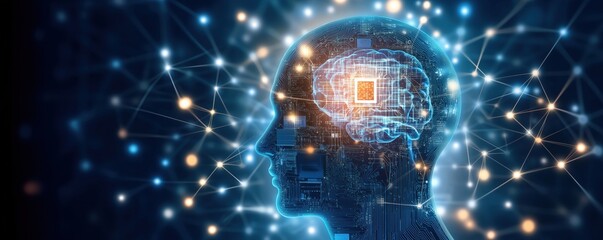 Fototapeta premium Artificial intelligence concept with digital brain and neural network connections, copy space for text