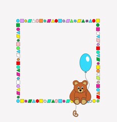 Decorative children's frames, borders for invitations, greetings, postcards, education. Teddy bear resting, holding a blue balloon and a bagel. Square shape. Negative space. Isolated on light gray
