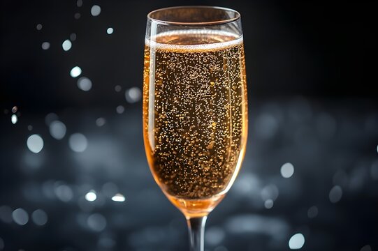 Festive banner. Two glasses of champagne on dark blue background with Christmas tree with lights bokeh, glitter and sparks, confetti. Christmas celebration concept with copy space for text