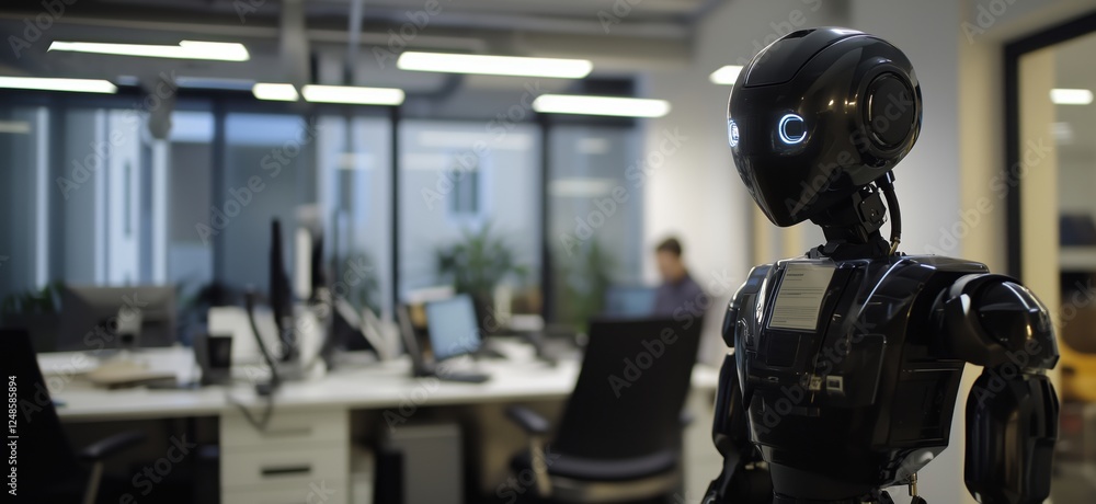 Poster advanced humanoid robot in modern office environment with human worker in background, copy space for