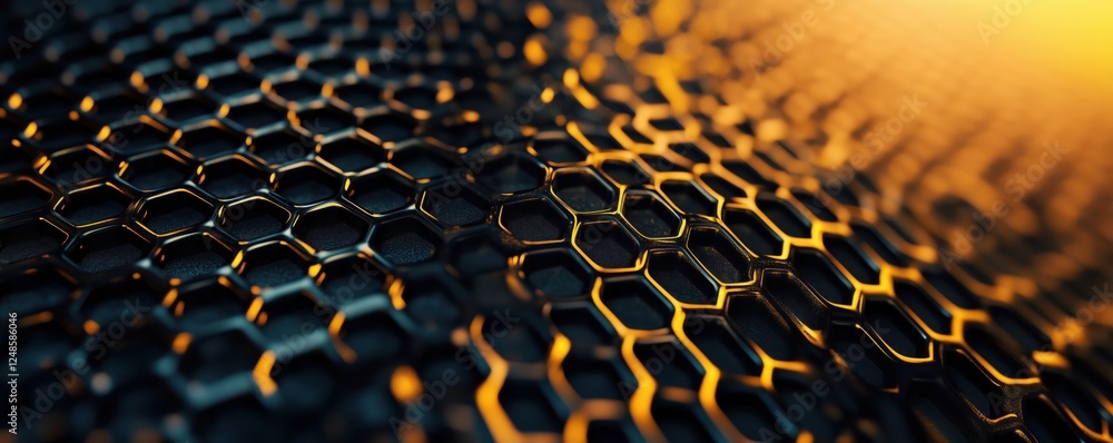 Poster abstract honeycomb pattern with golden highlights and dark background, copy space for text
