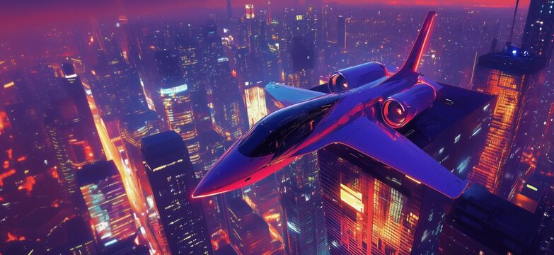 Futuristic jet soaring above neon city skyline at night with vibrant lights, copy space for text