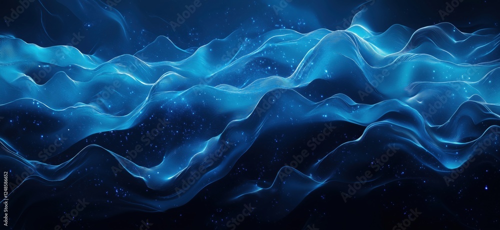 Poster abstract blue wave patterns with glowing lines and starry background, copy space for text