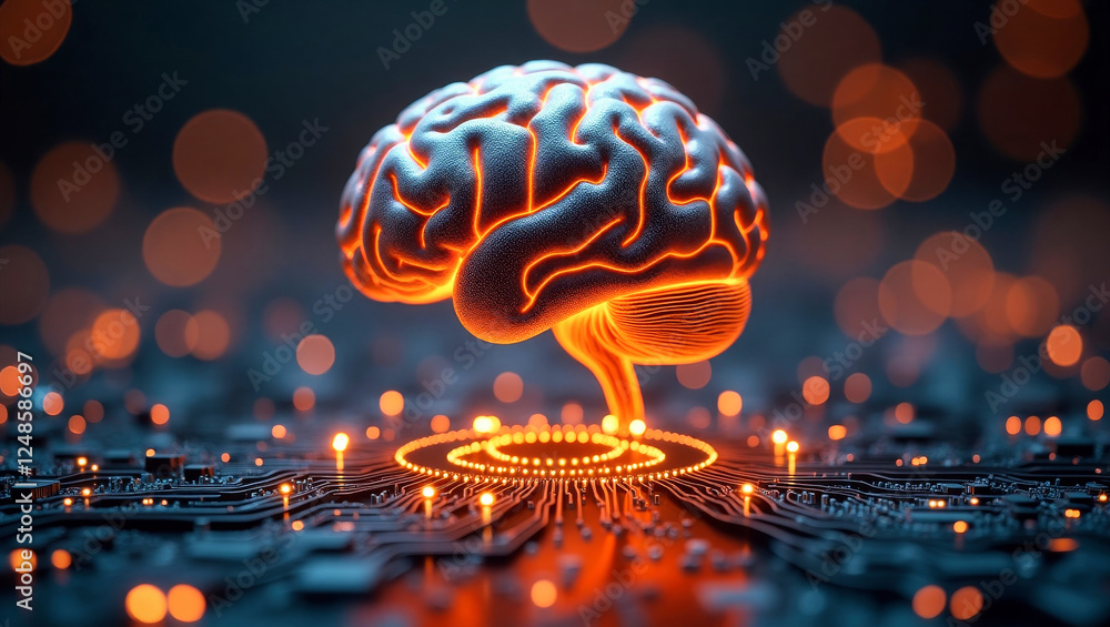 Poster a highly detailed, futuristic brain with intricate circuit patterns and glowing orange lights above 