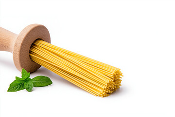 A large-scale pasta-making machine extruding noodles, isolated on white background.