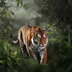 A Tiger&rsquo;s Confident Stride Through the Whispering Forest, Blending Gracefully with Nature&rsquo;s Vibrant Green Foliage