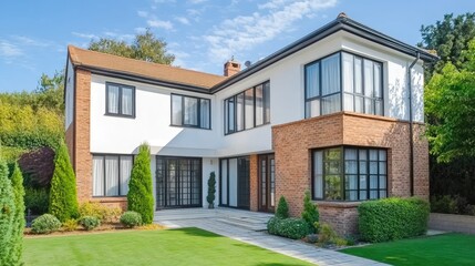 Obraz premium A beautiful detached house with a modern design, surrounded by a well-maintained garden, captured in natural daylight
