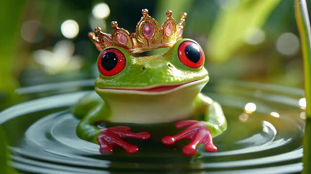 frog with a golden crown on a nature background.