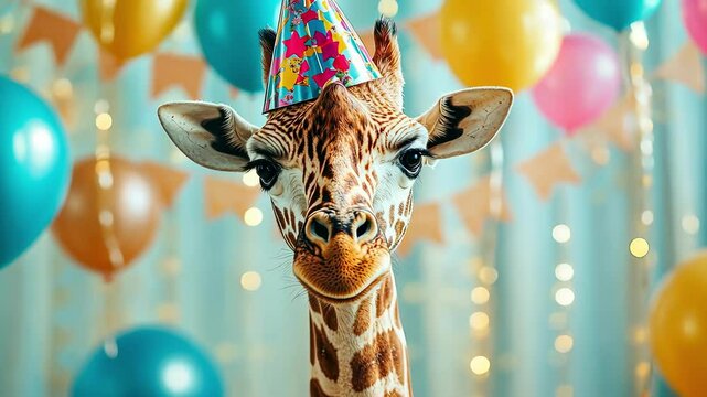 Happy giraffe celebrating birthday in a festive hat against a background of confetti