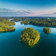 Fototapeta premium Generated image drone view over beautiful lake with little forest islands 