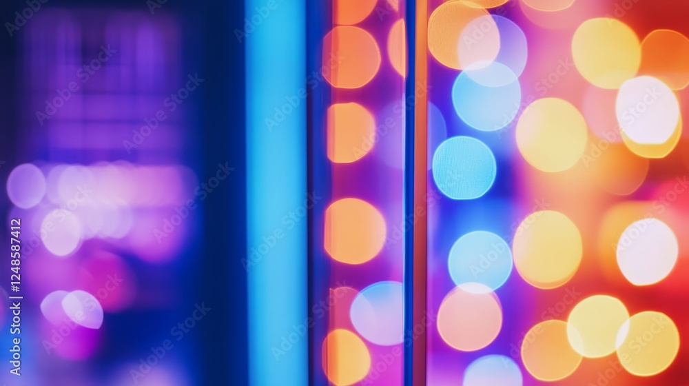 Poster vibrant bokeh light reflecting off a glass surface, creating a colorful abstract background scene