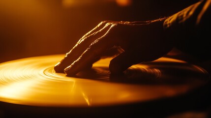 A close-up of a hand gently touching a spinning vinyl record, illuminated by warm ambient light, creating a nostalgic atmosphere