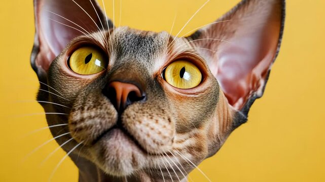 Cat with a yellow background looking up. The cat has a yellow nose and is looking up at the camera