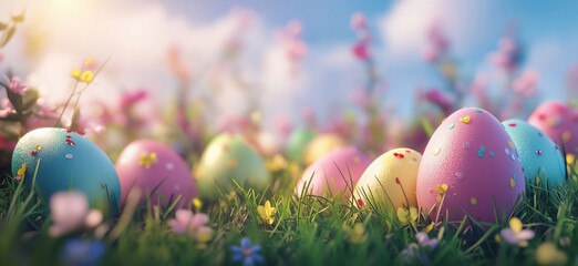Colorful Easter eggs in a vibrant spring meadow with blooming flowers, copy space for text