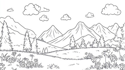 Mountain meadow landscape, flowers, clouds; coloring book page