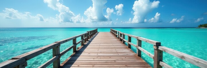 Fototapeta premium Rustic wooden footbridge crossing clear Caribbean water, archipelago, calm, clear water