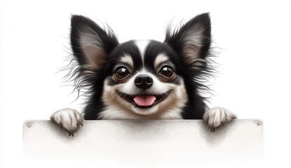 Fototapeta premium Chihuahua Peeking Over Sign: A adorable black and white chihuahua dog with big, curious eyes peeks over a blank sign with a happy, playful expression.