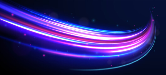 Obraz premium Neon stripes in the form of drill, turns and swirl. Speed of light concept background. Abstract background rotational border lines, png, effect, wave,neon,line. 