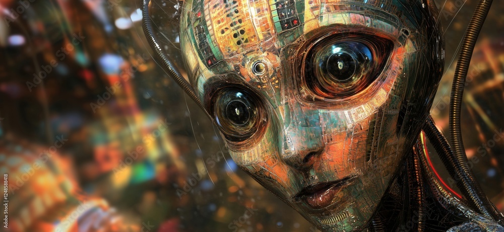 Poster futuristic humanoid robot with intricate circuitry and expressive eyes in a vibrant environment, cop