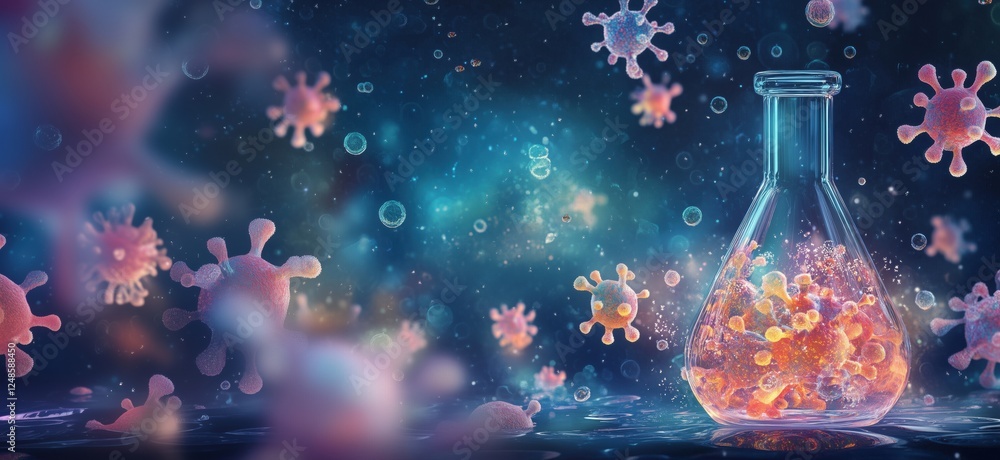 Poster colorful representation of viruses in laboratory flask with glowing bubbles and background, copy spa