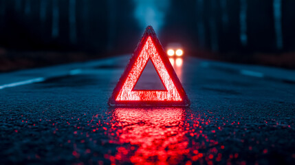 Reflective triangle placed on a wet road at night, indicating a roadside emergency. Two blurred headlights approach in the background, highlighting the need for caution and safety