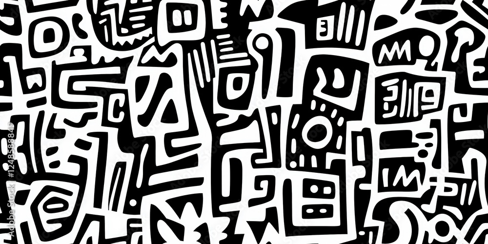 Poster abstract black and white doodle vector pattern with diverse shapes and lines for creative design pro