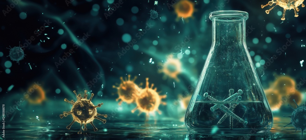 Poster laboratory flask with viruses and syringes representing scientific research and health, copy space f