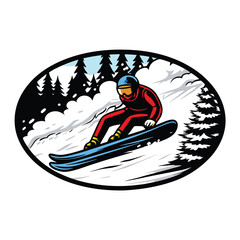 A dynamic image of a skier in a vibrant red and black racing suit, skillfully navigating a steep, snow-covered slope at high speed.