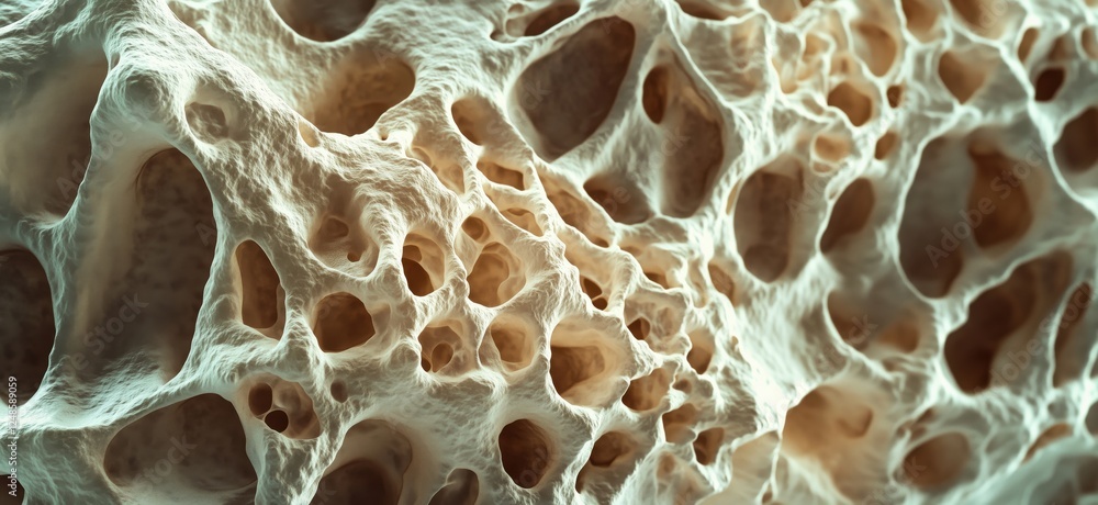 Poster detailed close-up of porous bone structure showcasing intricate cellular patterns, copy space for te